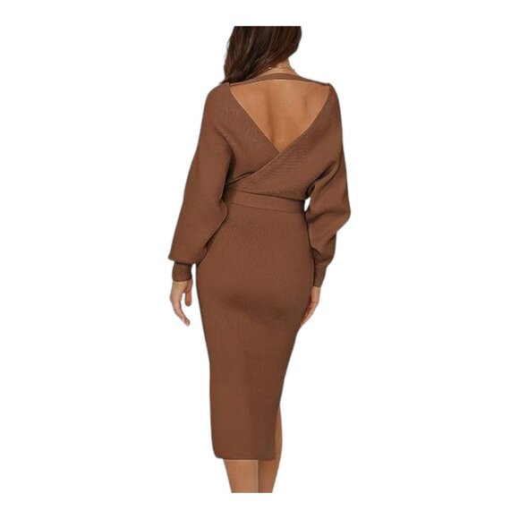 NEW Pink Queen Women's V Neck Maxi Knit Dress with Belt Color Brown Size M - Picture 4 of 8